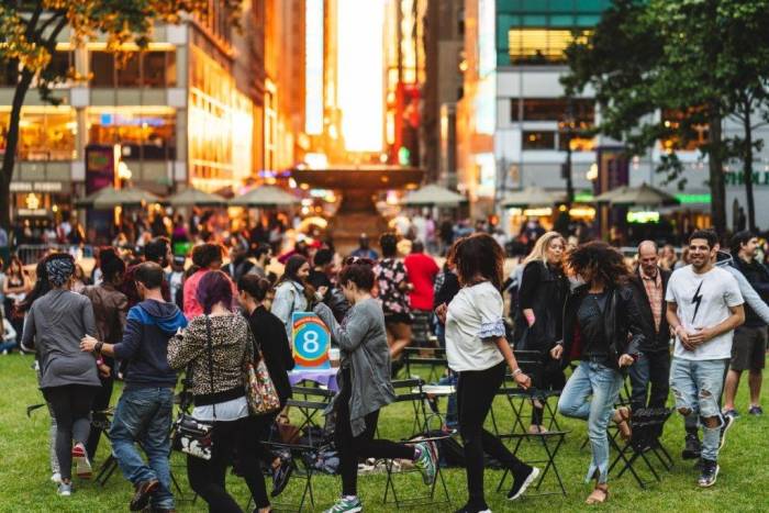 Musical Chairs at Bryant Park during sunset