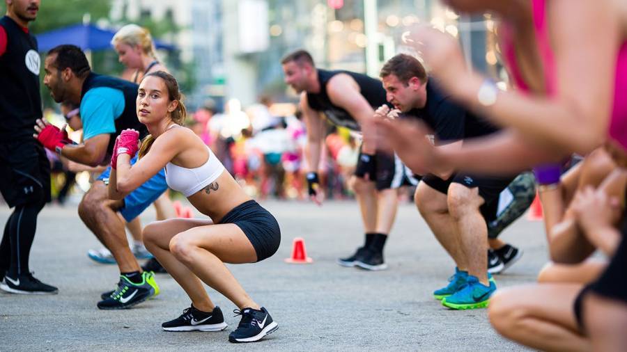 People exercise in Herald Square New York City.
