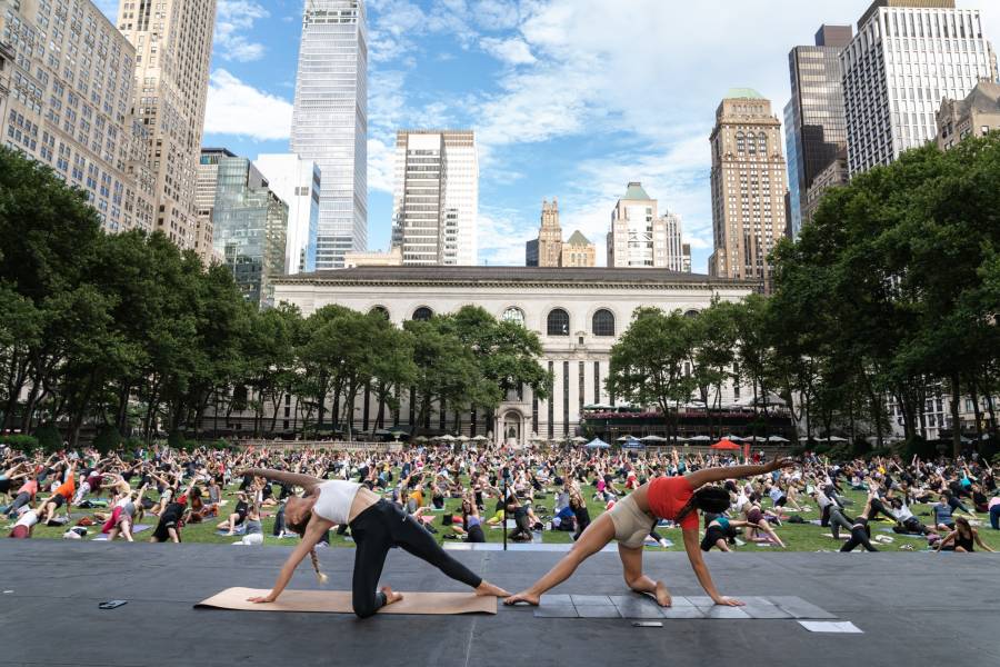Yoga on the lawn at Bryant Park